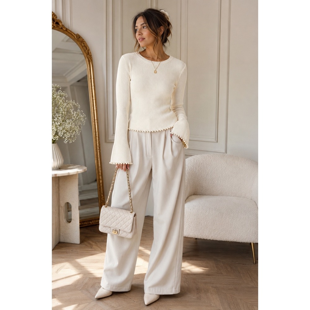 Edited x Hunter McGrady Extra Small Cream Pearl Coquette Bell Sleeve Sweater